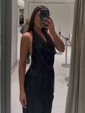 Zara Black Sequin Backless Halter Top